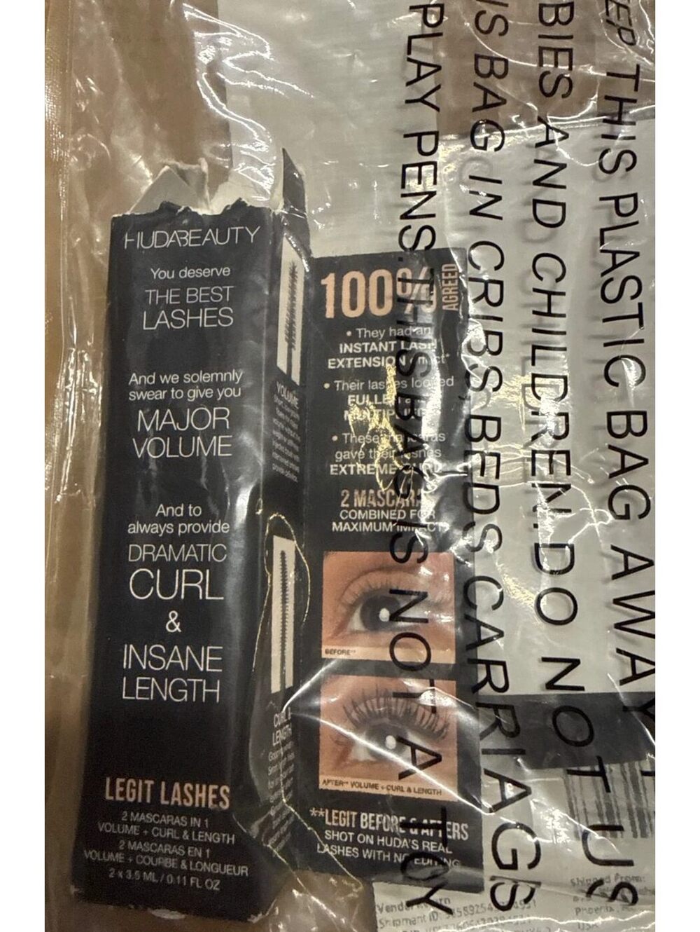 Huda Beauty Legit Lashes Mascara 2 in 1 Black Double Ended 2x3.5ml Open Box New